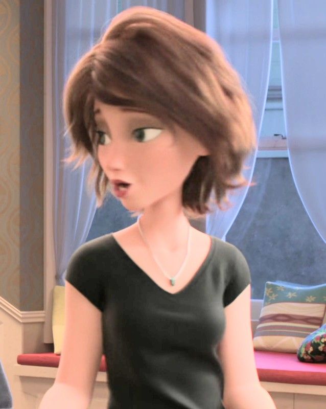 an animated image of a woman in a black dress with short hair and green eyes