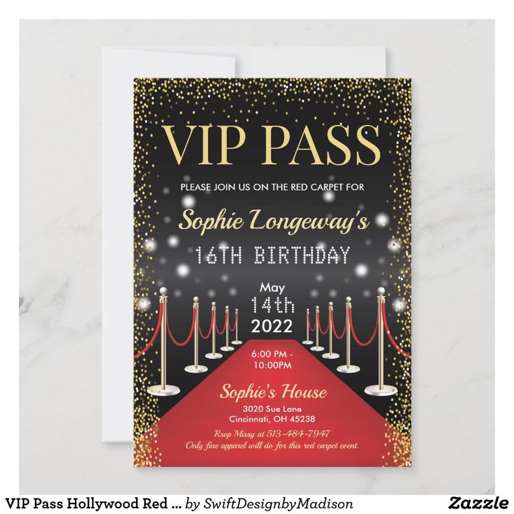 a red carpet and gold glitter birthday party card