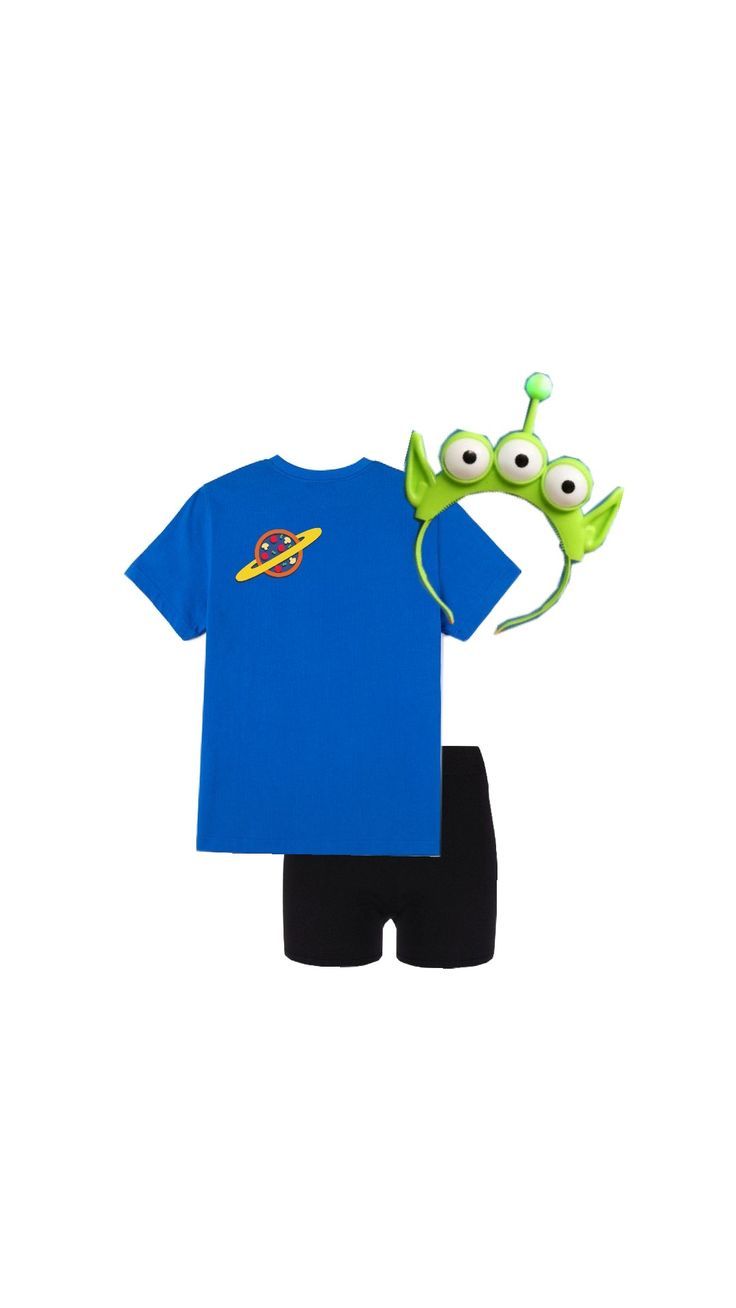 a t - shirt and shorts with an alien face on the front, both in blue