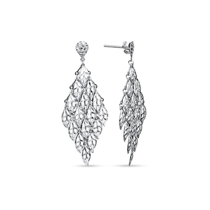 Pair of white gold leaves-shaped earrings on a white background. Elegant Drop Earrings With Diamond Cut, Elegant Diamond Cut Cluster Drop Earrings, Elegant Pierced Briolette Earrings, Formal Briolette Diamond Cut Earrings, Evening Drop Earrings With Diamond Cut, Fine Jewelry Chandelier Earrings With Diamond Cut, Silver Briolette Earrings For Evening, White Gold Pierced Chandelier Drop Earrings, White Gold Chandelier Drop Earrings