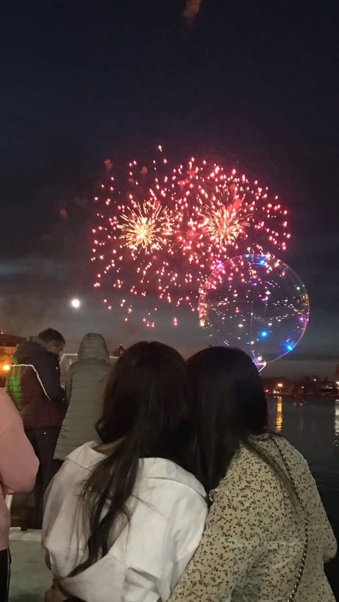 people are looking at fireworks in the night sky over water and city lights, as well as onlookers