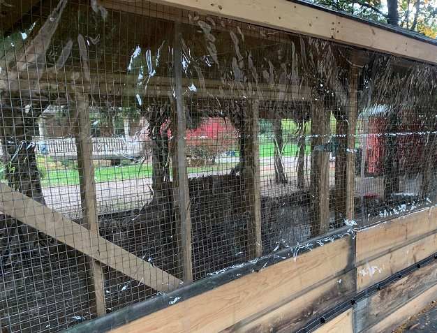 the inside of a fenced in area with trees and grass behind it on a sunny day