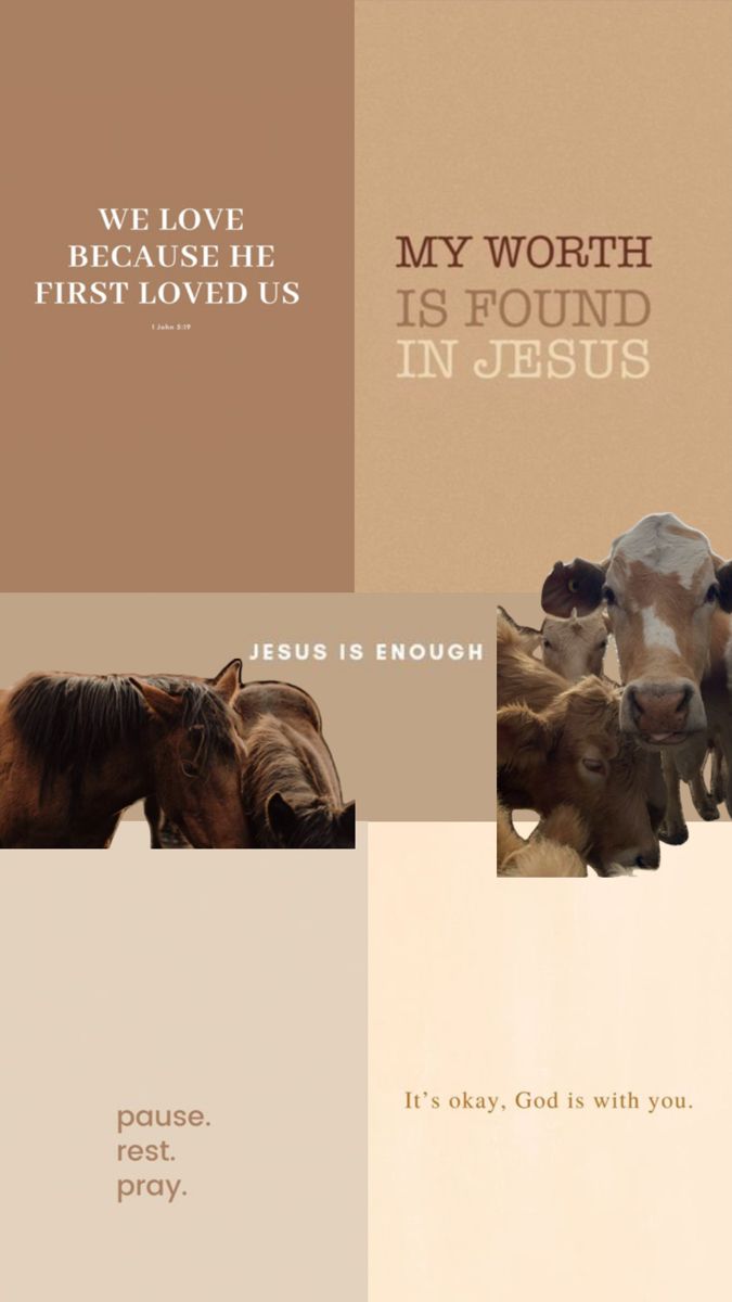 four different pictures with horses and cows in them, one has the words jesus is enough