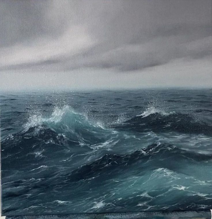 an oil painting of waves in the ocean on a cloudy day with dark clouds above