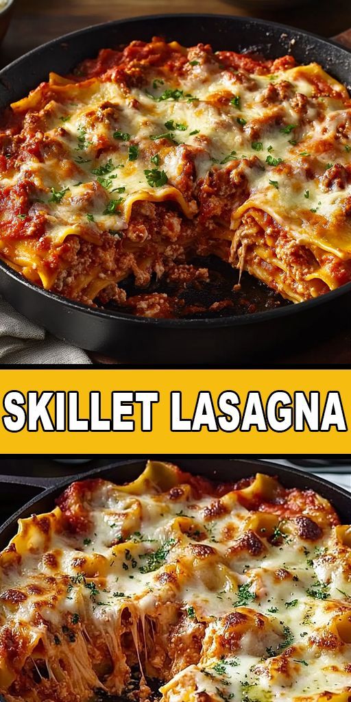 two images show the same skillet lasagna