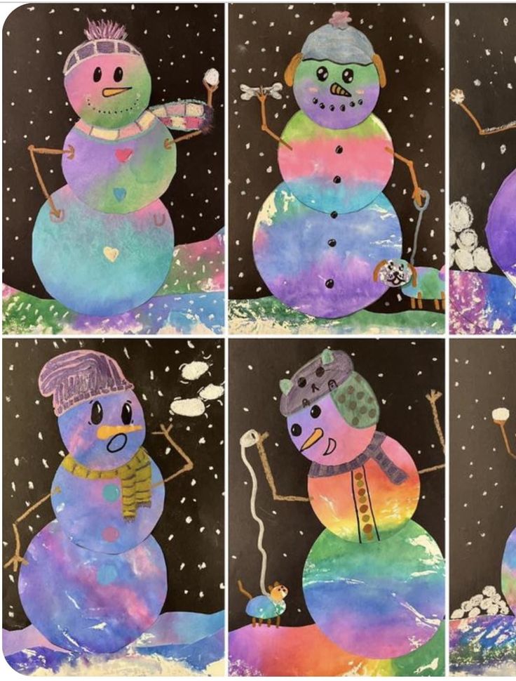 four different pictures of snowmen with hats and scarfs