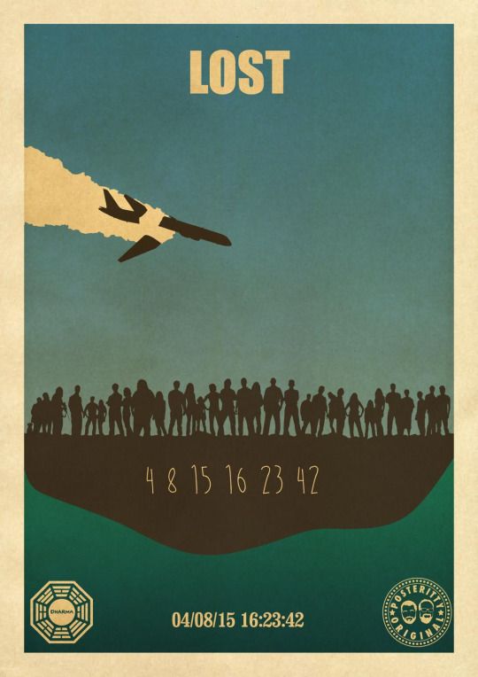 a poster with an airplane flying in the sky and people standing on land behind it