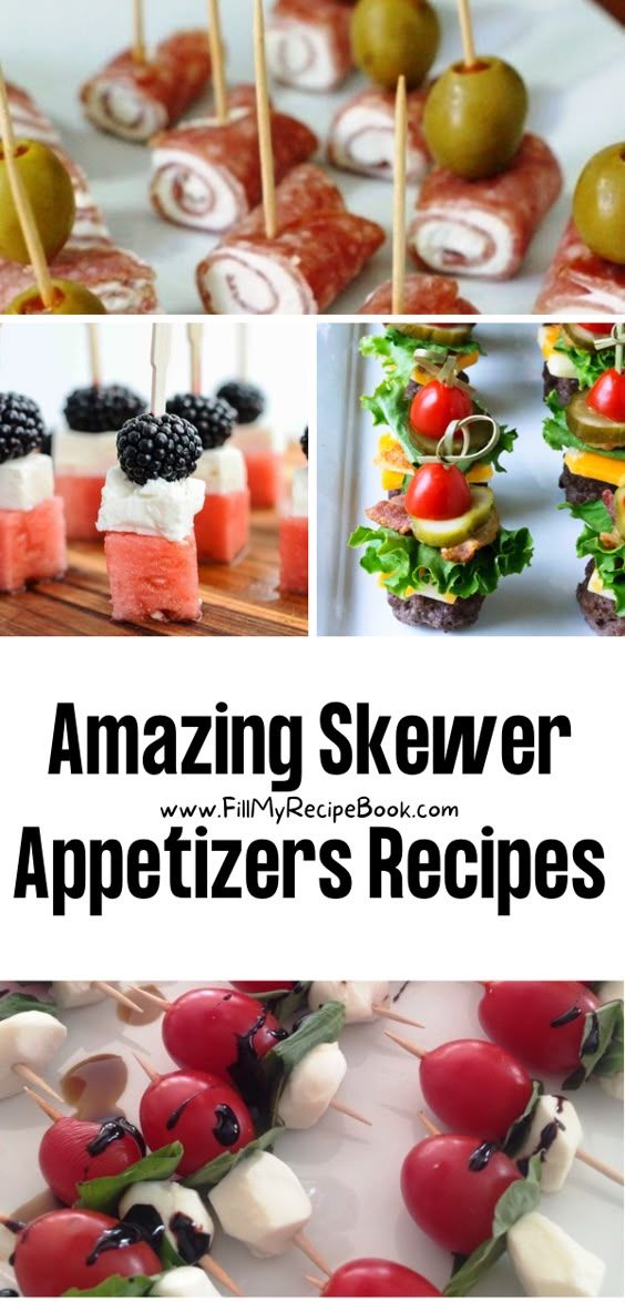 an image of appetizers that are being served on skewers with fruits and vegetables