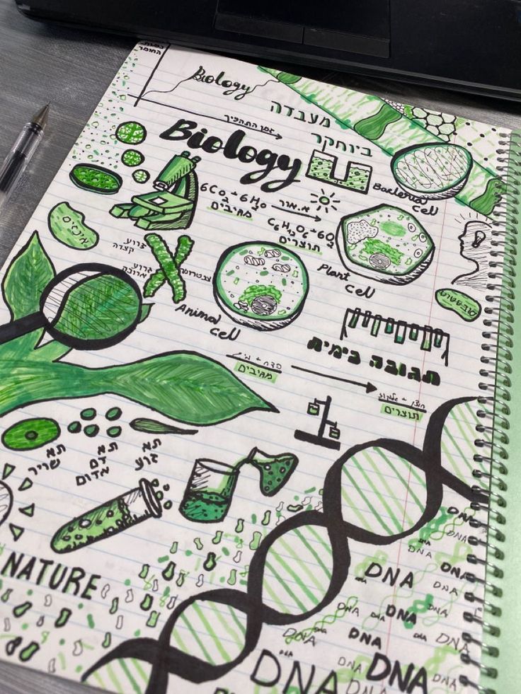 a spiral notebook with green doodles on top of it next to a laptop computer