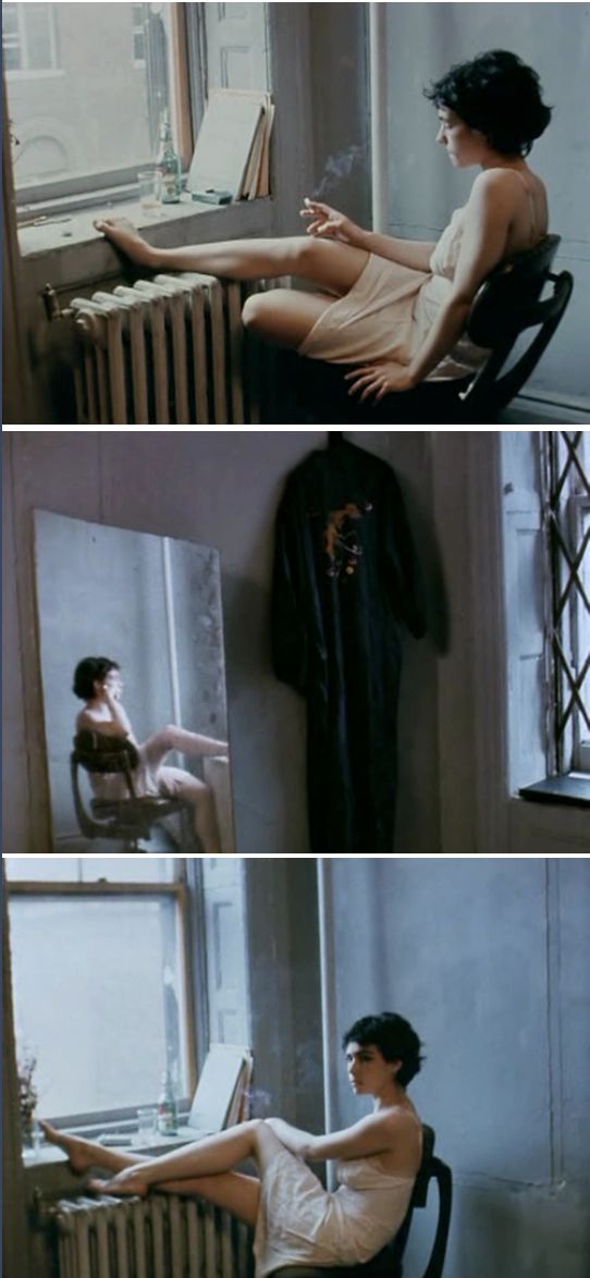 three different shots of a woman sitting on a chair in front of a radiator