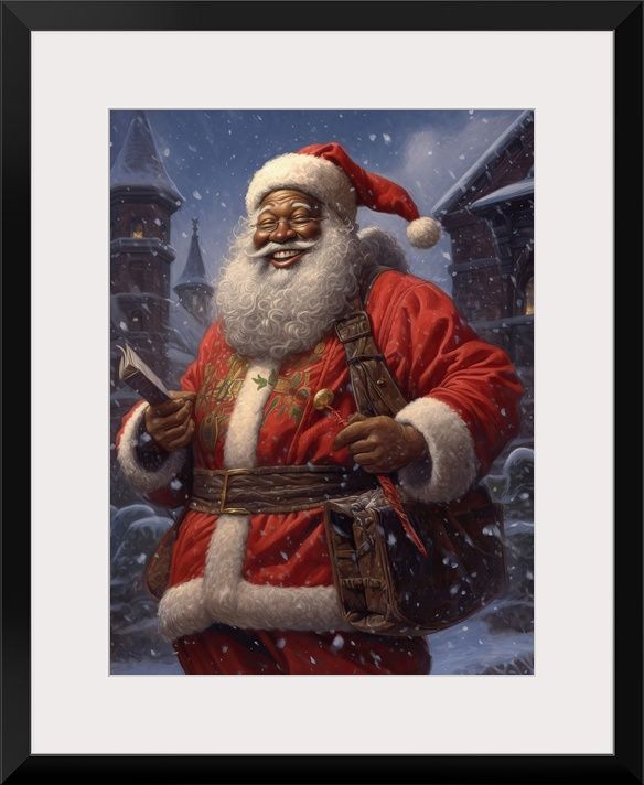 a painting of santa claus in the snow with his hand on his hip and looking at something