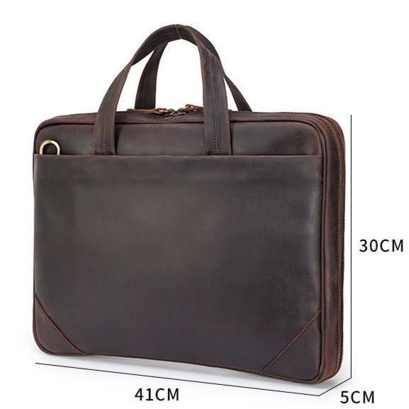 This leather computer bag for men protect your gadgets.To ensure your computer is safe,our men’s leather bag includes a thick protection pocket in the laptop compartment.Business bag for men should include protection for all your gadgets,and our bag offers the best protection.    ITEM FEATURES   - 1 x Front Zipper Compartment (3 x Slot Pockets) - 1 x Main Compartment - 1 x Laptop Compartment - 1 x Back Zipper Compartment - 1 x Back Buckle Compartment - Multiple Slot Pockets - Genuine Leather & Durable - Detachable Shoulder Strap - Fit 15.6" Laptop     🎁🎁🎁The bag will be sent by registered, priority mail with a Woosir free gift.    ITEM DETAILS   *Item Type: Briefcase *Material: Crazy Horse Leather *Size: L41 *W5 *H30(CM) *Color: Dark Brown *Closure Type: Zipper *Style: Vintage    CAR Rectangular Laptop Bag For Office, Portable Rectangular Laptop Bag For Office, Functional Rectangular Briefcase With Laptop Sleeve, Portable Rectangular Office Laptop Bag, Functional Brown Leather Laptop Bag, Functional Business Laptop Bag With Laptop Sleeve, Functional Business Laptop Bag With Sleeve, Functional Business Briefcase With Laptop Sleeve, Portable Leather Satchel For Everyday Use