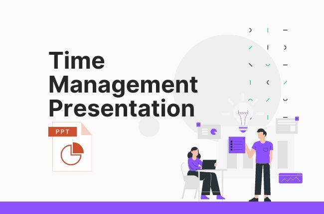 two people are sitting at a table in front of a whiteboard with the words time management presentation