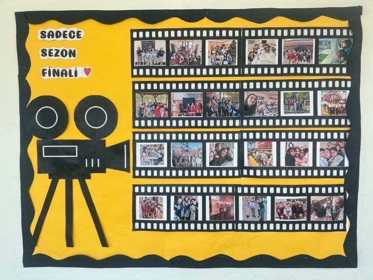 a yellow and black bulletin board with film striping on it that says space sezon finibi