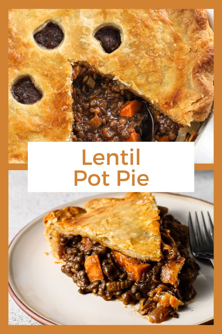 double crust lentil pot pie on a plate with a slice missing from the pie