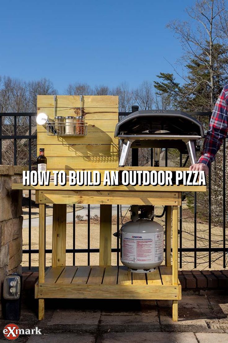 a man standing in front of an outdoor pizza oven with the words how to build an outdoor pizza oven