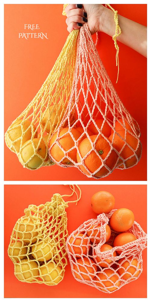 two pictures of oranges in a net bag on an orange background with the same color