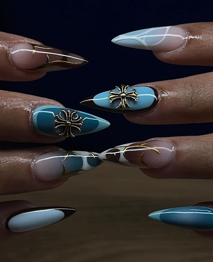 Fail Nails 2024, Structure Gel Nails Design, Long Almond Shaped Nails Designs, Blue Gel X Nail Designs, Funky Almond Nails Designs, Cool Nail Inspo Blue, Almond Nail Inspo 2024, Atlantis Nails, Dreamy Nail Art