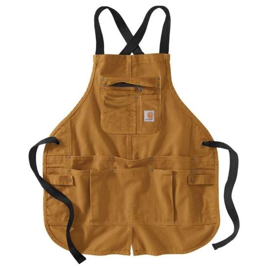 a brown apron with black straps and pockets