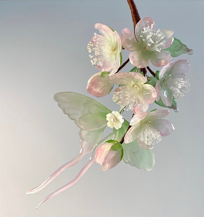 a branch with white and pink flowers on it