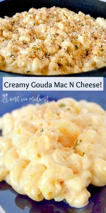 macaroni and cheese in a pan with the words creamy goulat mac n cheese