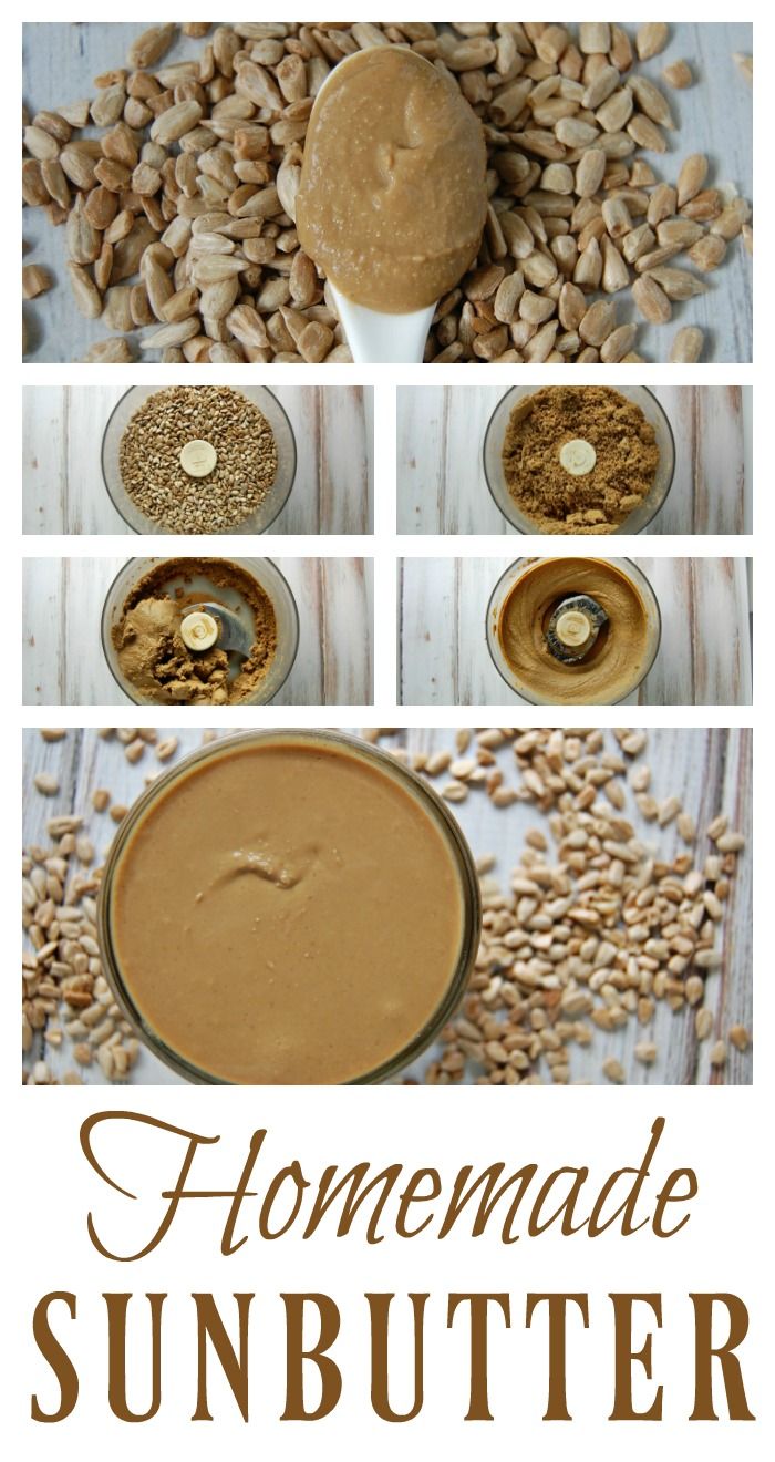 the ingredients for homemade sunbutter peanut butter are shown in this collage with text overlay