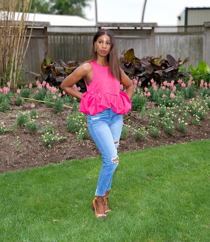 Stylish hot pink ruffled blouse skirt and set Features an asymmetrical ruffled hem Pair with our Tropical Tie Summer Sandals for a fashion forward look Fast and free shipping in the United States! Item will arrive within 3-5 days. Feminine Pink Peplum Blouse, Spring Peplum Blouse With Ruffles, Spring Night Out Blouse With Ruffle Hem, Spring Ruffle Hem Blouse For Night Out, Flirty Pink Summer Blouse, Pink Peplum Blouse For Summer, Pink Ruffle Hem Top For Summer, Chic Peplum Top For Night Out In Spring, Spring Chic Peplum Top For Night Out