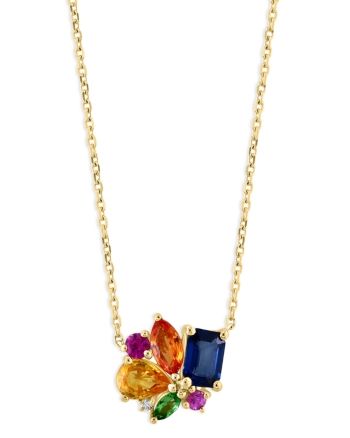 Bloomingdale's Fine Collection Rainbow Sapphire Cluster Pendant Necklace in 14K Yellow Gold, 18 Cluster Necklace Gemstone, Cluster Gemstone Rings, Cluster Pendant Necklace, Multi Stone Necklace, Yellow Gold Multi-stone Pendant Necklace, Birthstones Jewelry, Cluster Jewelry, Diamond Jewelry Earrings, Flower Rings