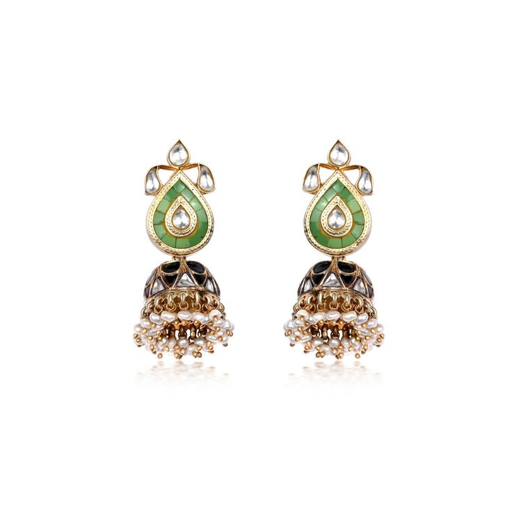 Introducing our Amara Mini Jhumkis – a blend of tradition and modern elegance. These Indian jhumka silver earrings feature pastel green stones in jadau craft on the studs, with a central polki. The jhumki showcases alternate polki and black stones in a captivating jadau style. Crafted in silver, gold-plated for a premium look, these chandi ka jhumka earrings redefine sophistication. Shop online for pearl jhumka earrings with kundan jadau polki design, embracing the allure of chandi ki earrings. Elegant Designer Chandbali Jhumkas, Festive Designer Earrings With Cutdana, Festive Cutdana Earrings For Designer Wear, Elegant Designer Jhumkas For Festive Occasions, Elegant Designer Festive Jhumkas, Festive Elegant Designer Jhumkas, Designer Fusion Meenakari Earrings, Festive Designer Earrings With Latkans, Bollywood Style Designer Earrings With Cutdana