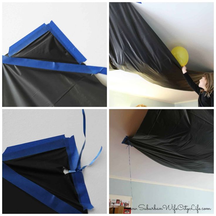 four pictures of different kites being made with black and blue material, including one yellow balloon