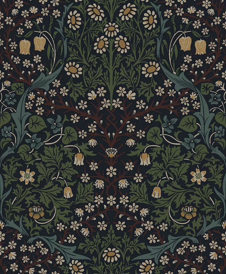 an intricately designed wallpaper with flowers and leaves in green, blue, yellow and brown colors