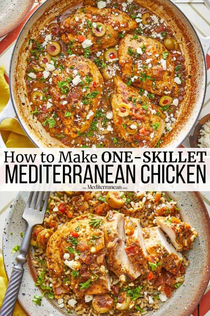 two pictures with the words how to make one - skillet mediterranean chicken on it