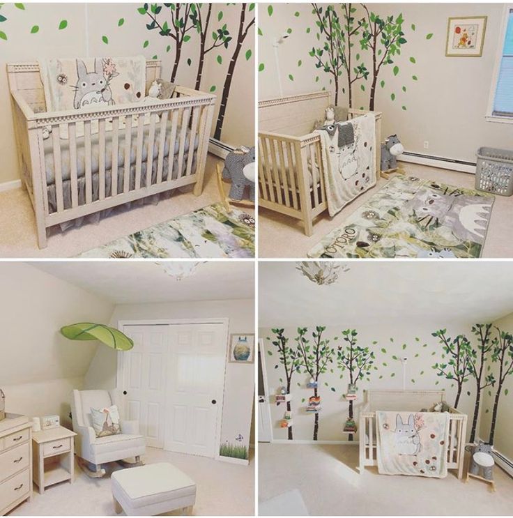 four pictures of a baby's room with trees on the wall