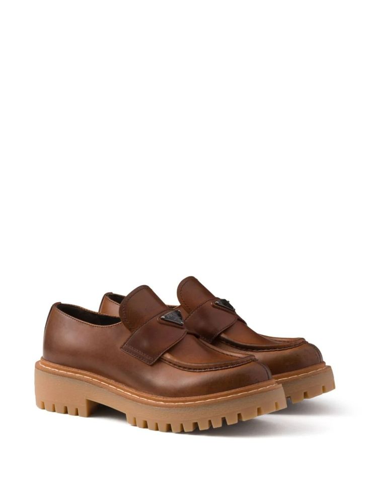 Prada Leather Loafers - Farfetch Brown Womens Shoes, Prada Loafers, Loafers Brown, Chanel 2, Prada Leather, Iconic Bags, Triangle Logo, Prada Shoes, Flat Boots