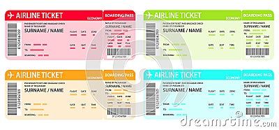 four different airline tickets with the names and numbers on each one side, including an airplane ticket