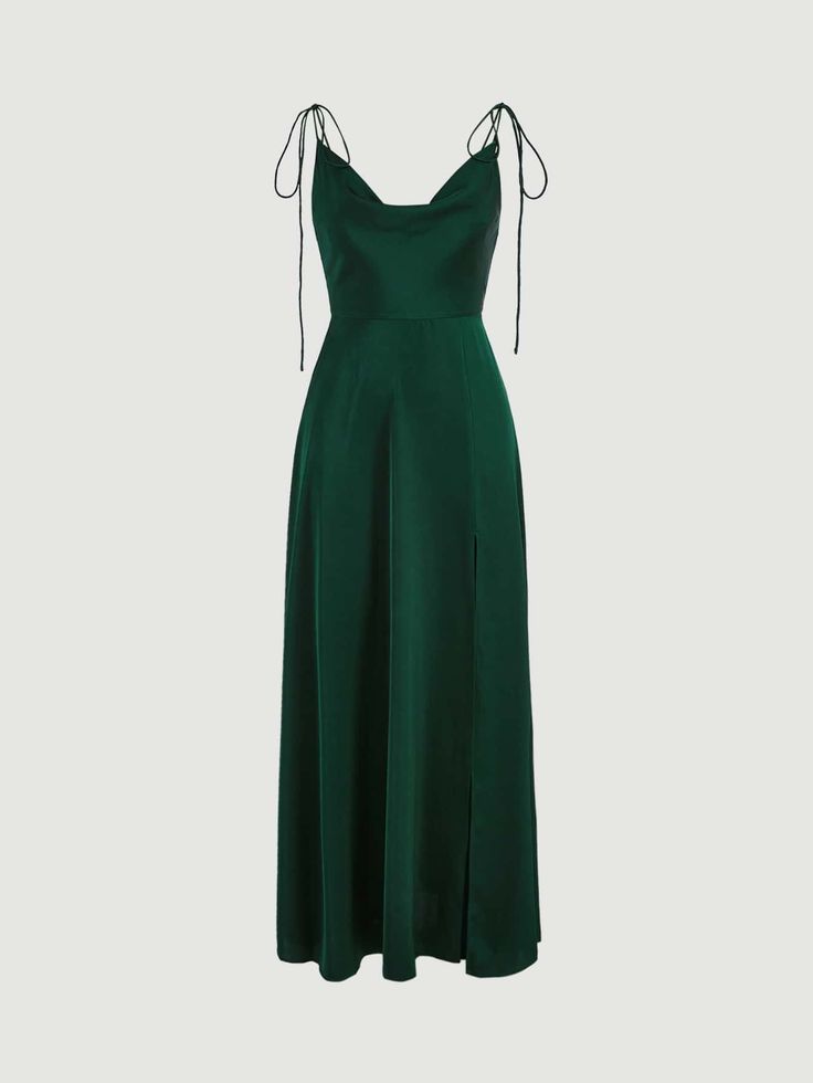 Verde Escuro elegante Collar Sem Mangas Tecido Simples Suspensório Embellished Não elástico  Vestidos para Mulheres Long Dark Green Silk Dress, Casual Prom Dresses, Satin Cami Dress, Prom Dresses Simple, Green Silk Dresses, Dark Green Dress, Royal Dresses, Satin Cami, Green Silk