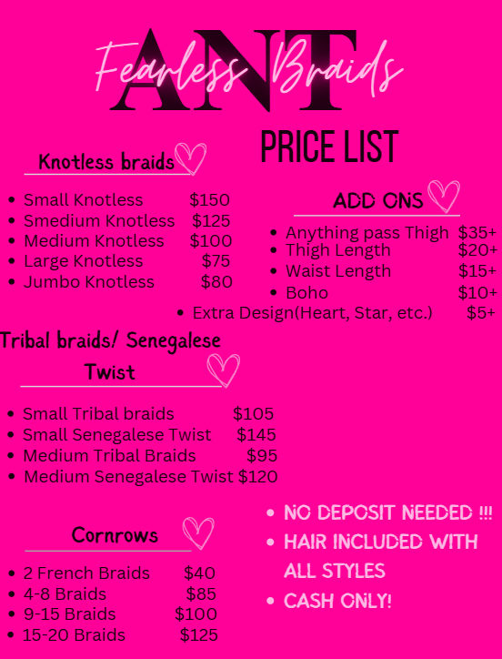 Prices For Braids, Hairstyle Price List, Hairstyle Prices, Hair Page Name Ideas Instagram, Instagram Hair Page Name Ideas, Braiding Price List, Hairstylist Price List, Braids Price List, Braid Business