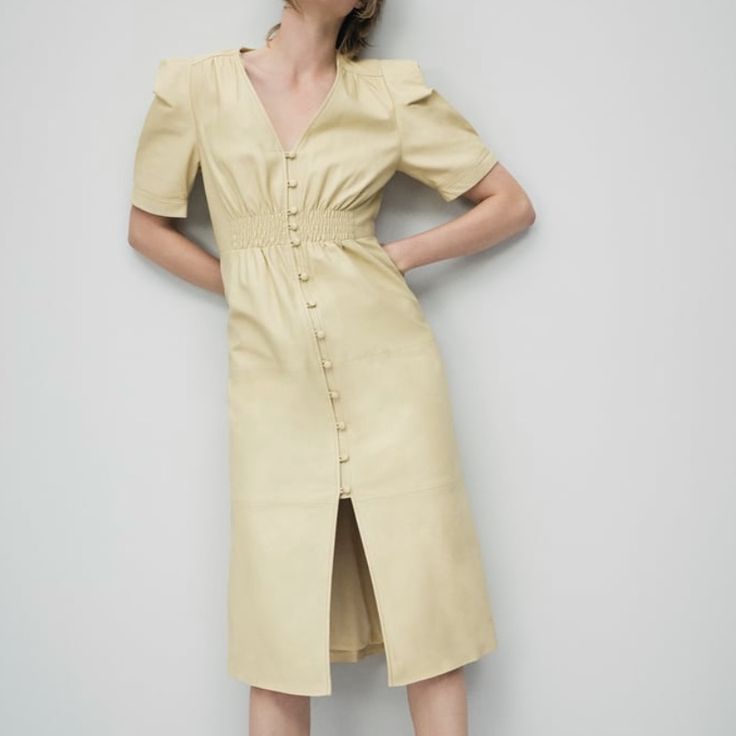 Zara Genuine Real Lambskin Leather Dress Nwt Size S Color: Vanilla 0190/024 Measurements Laying Flat: (But It Stretches A Little Bit) Bust: 16.5” Waist: 13” Hip: 20” Elegant Knee-length Leather Midi Dress, Fitted Leather Midi Dress, Elegant Leather Midi Dress, Classic Beige Sheath Midi Dress, Spring Leather Dress For Work, Spring Leather Workwear Dress, Spring Leather Midi Dress, Feminine Beige Sheath Midi Dress, Classic Fitted Zara Dress