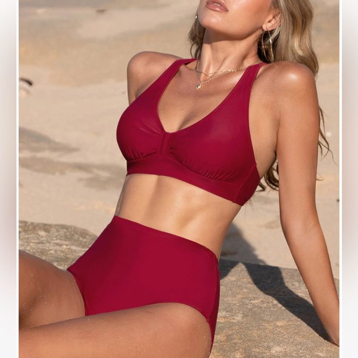 Cupshe. Nwt Super Bloom Crossback Bikini Top And High Waist Bottom. Xl Red Red Swimwear With Built-in Bra For Swimming, Red Tankini With Built-in Bra For Pool, Red Tankini With Built-in Bra For Vacation, Pool-ready Red Tankini, Bra-friendly, Bra Friendly Red Tankini For Pool, Red Bra-friendly Tankini For Pool, Bra-friendly Red Tankini For Pool, Red Beachwear Swimwear With Built-in Bra, Red T-back Swimwear For Poolside