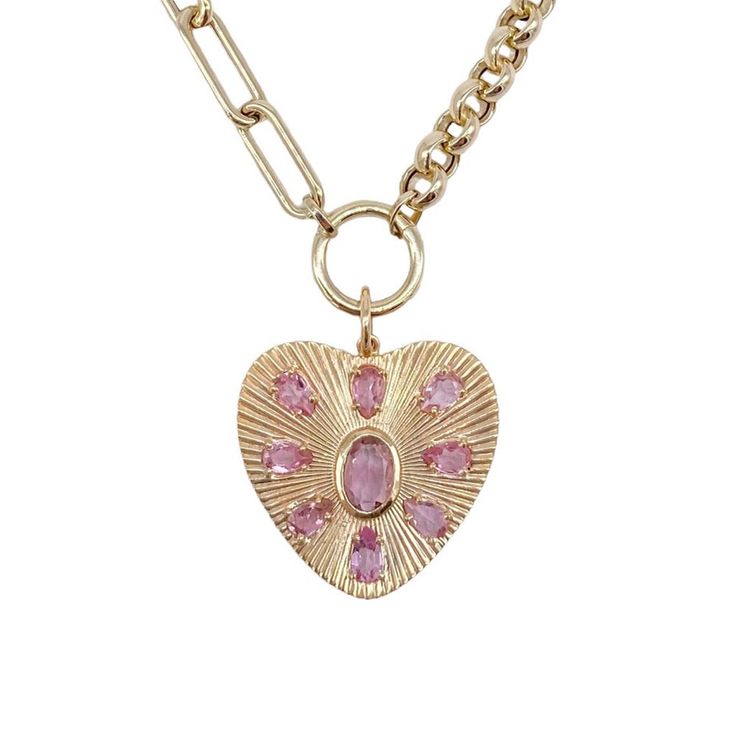 Vintage La Rose 14K Pink Shining Heart Pendant 14K Gold Pink Sapphires 1.25" Drop from Bail Fine Jewelry Pink Heart Charm Necklace, Rose Gold Heart-shaped Jewelry With Heart Detail, Pink Gold Heart Charm Pendant Jewelry, Pink Gold Heart Cut Jewelry With Heart Charm, Rose Gold Heart Cut Jewelry With Heart Beads, Fine Jewelry Pink Heart Charm, Pink Gold Heart-cut Jewelry With Heart Charm, Rose Gold Heart Necklace With Heart Charm, Valentine's Day Heart-shaped Pink Gold Jewelry