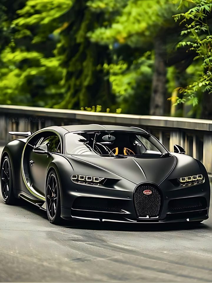 a black bugatti is driving down the road