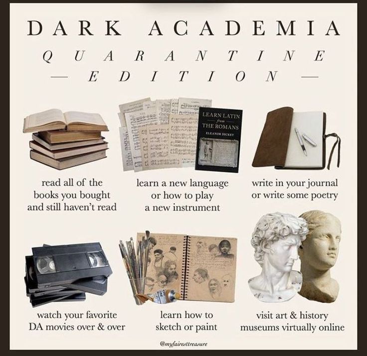 an advertisement for the dark academy quarantune exhibition, featuring books and sculptures