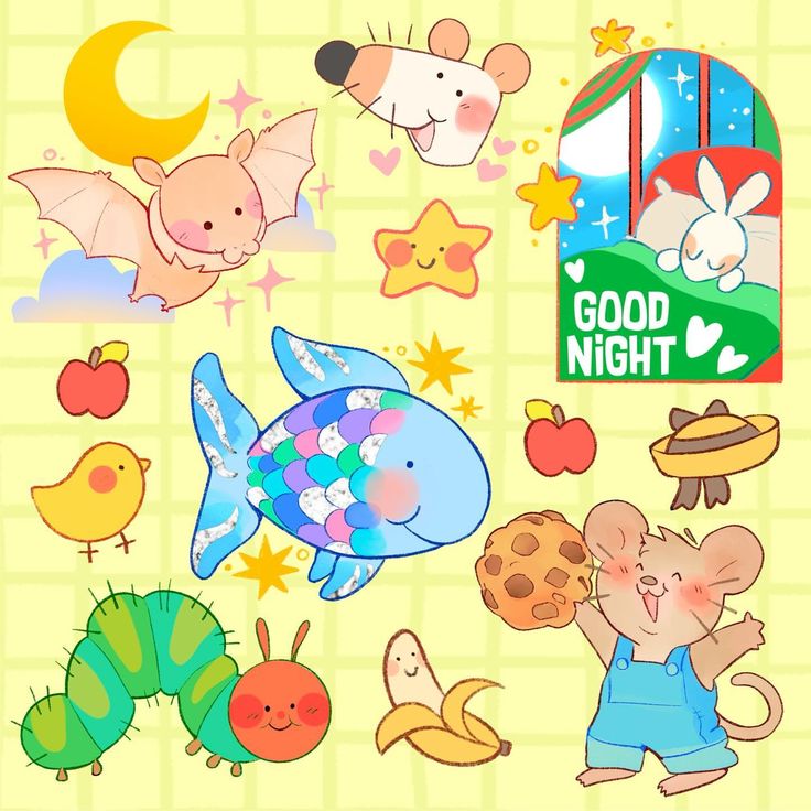 an image of various stickers on a yellow background with words good night and animals