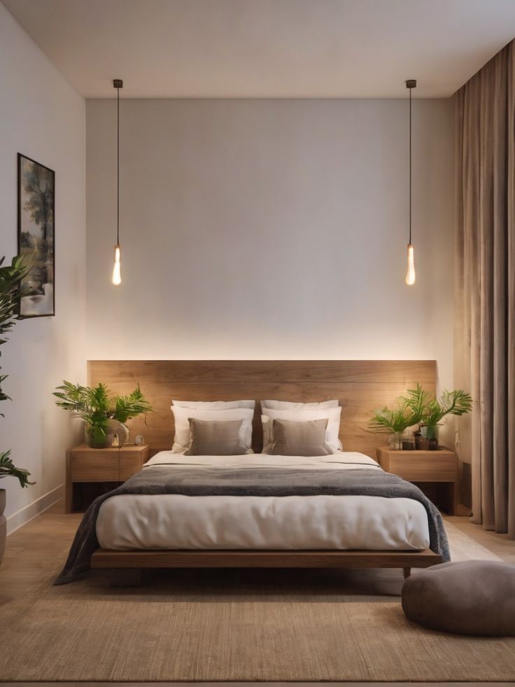 a large bed sitting under two lights in a bedroom next to a plant filled wall