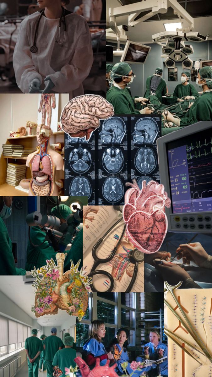 the collage shows doctors and medical personnel working in an operating room with brain images