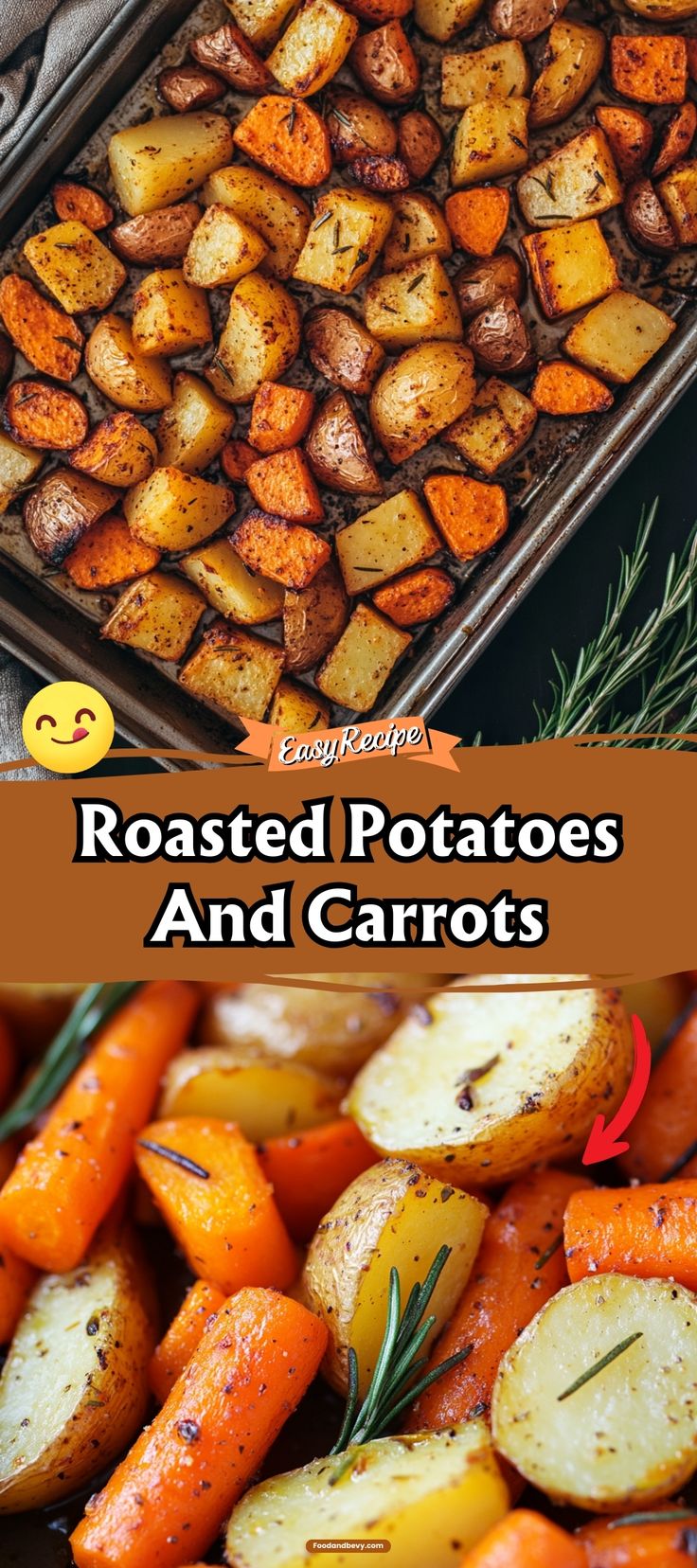 roasted potatoes and carrots with rosemary sprigs on the side in a pan