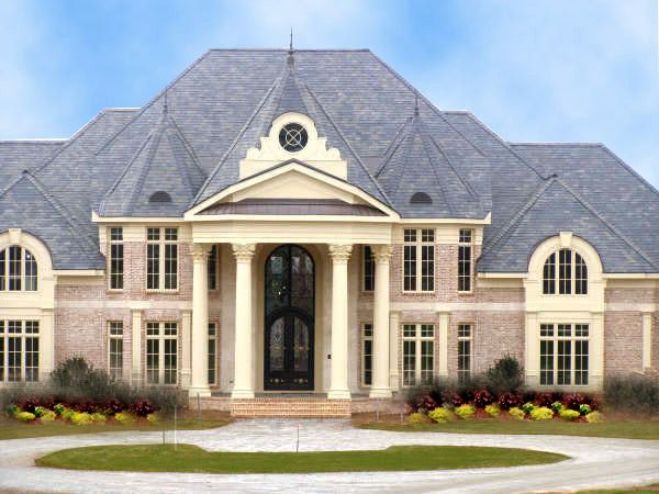 this is an artist's rendering of a large house with columns and arches on the front