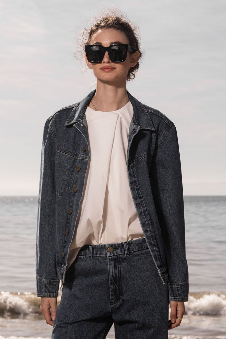 IAN JACKET - DENIM - Heidi Merrick Jean Oversize, Throw Over, Oversized Denim Jacket, Simple Tees, Porter, Denim Jacket, Collar, Pants, How To Wear