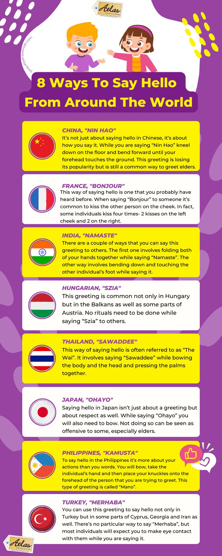 a purple poster with the words, 8 ways to say hello from around the world