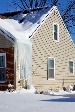 a house covered in snow and ice next to a tree with no leaves on it